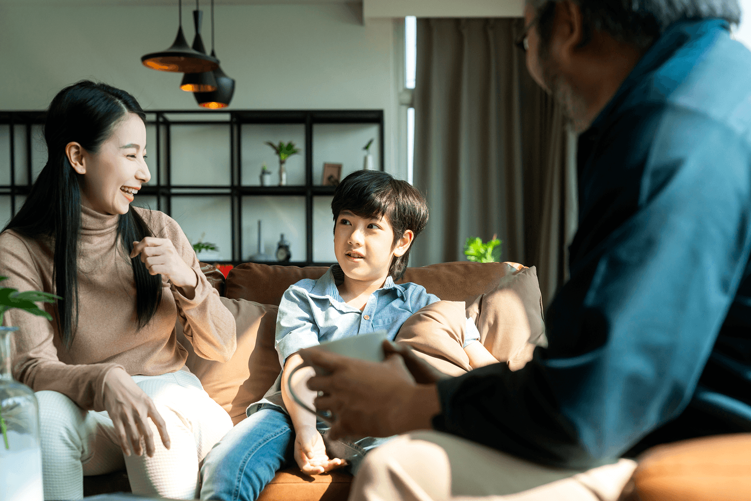 A family having an everyday conversation at home